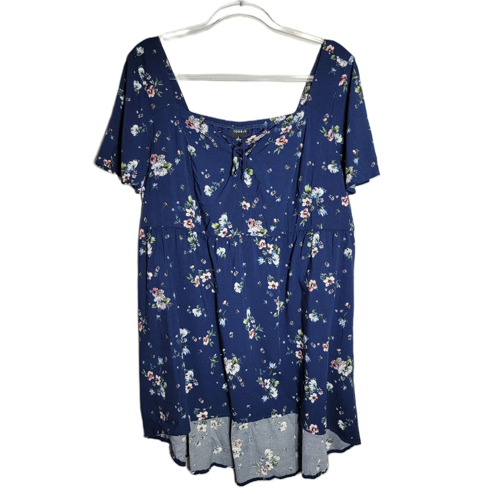 Torrid Blue Floral Baby Doll Top 1X Tie Front Flutter Sleeve‎ High Low